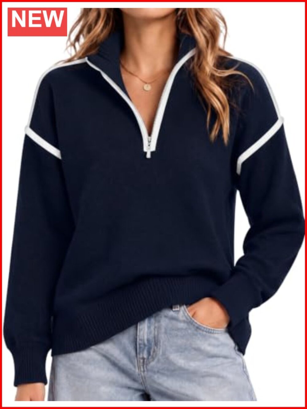 Quarter Zip Pullover Sweater Long Sleeve Collared Striped Knit Top